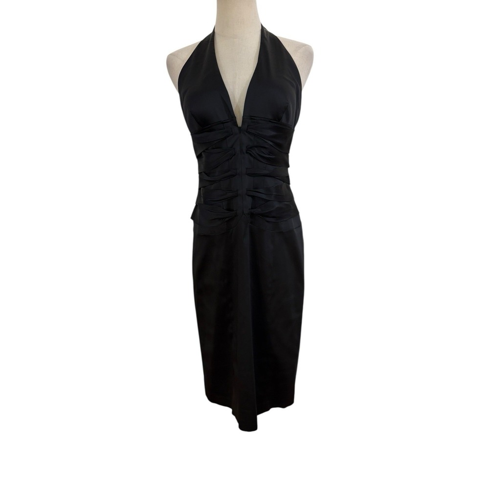 Y2K Cache Black Halter Cocktail Dress Silk Detail‎ Corset Sz 8 Goth Glam